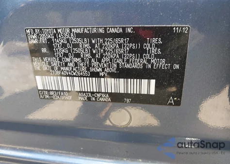 2012 Toyota Rav4 z USA, uszkodzony, nr VIN 2T3BF4DV4CW264553
